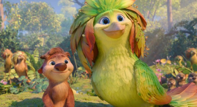 A colorful animated scene featuring a small, cheerful animal character next to a vibrant, friendly bird with leafy features, set in a lush, forested background.