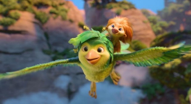 A whimsical animated bird with green feathers flying in the air, carrying a small, furry creature on its back, surrounded by a colorful nature backdrop.