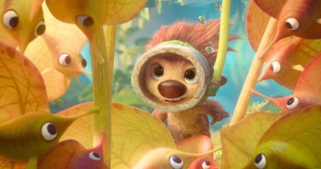 A cute animated character with a round diving mask surrounded by colorful aquatic plants and fish with large eyes.