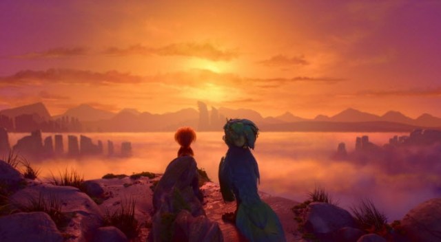 A young child and a colorful creature sitting on a rocky ledge, gazing at a vibrant sunset with purple and orange hues over misty mountains.
